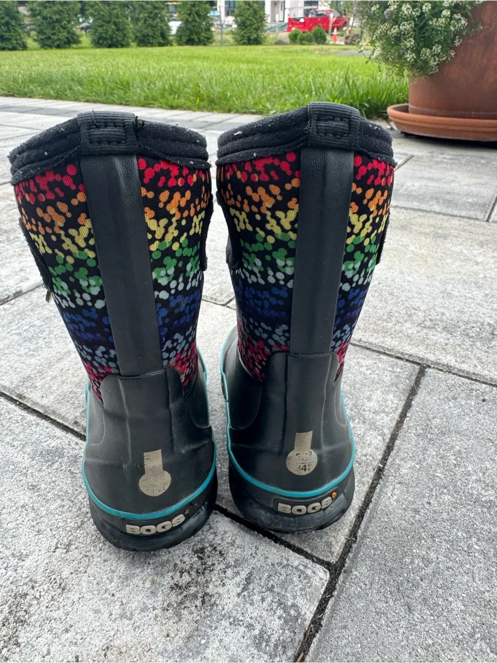 Bogs Kids Black Boots with Rainbow Speckle Cuff
